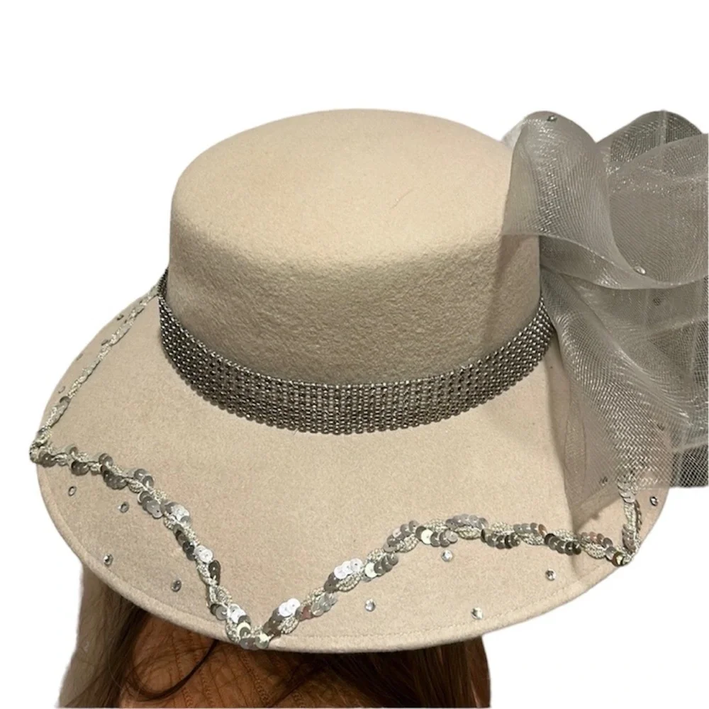 Vintage Donna Vinci Couture | Wool Church‎ Hat Light Beige Sequins Mesh Feathers